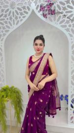 Semi Moslin Sharee  with Blouse Piece - Image 4