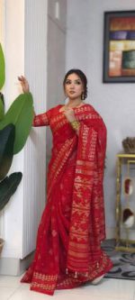 Half silk screen print saree with blause pcs - Image 3